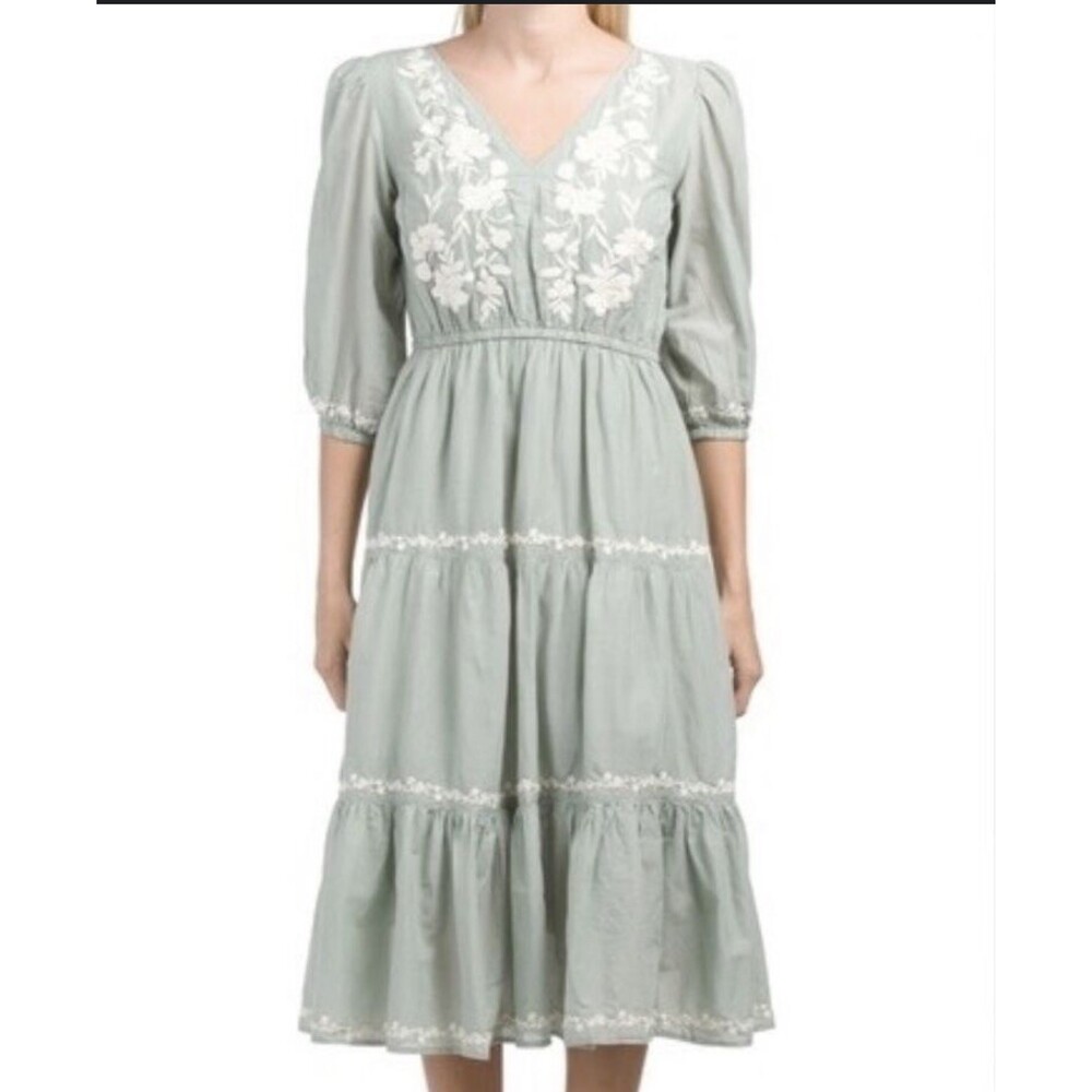 Lucky Brand Pale Green Floral Embroidered Peasant Midi Dress SZ XS peasant